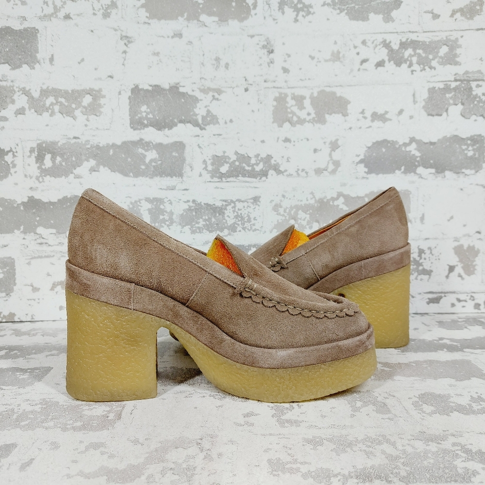 New MARC FISHER Lina Taupe Suede Heeled Platform Loafers A798 - Picture 4 of 12